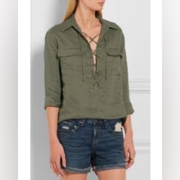 Equipment Knox Lace Up Linen Shirt in Forest Green - Picture 10 of 11